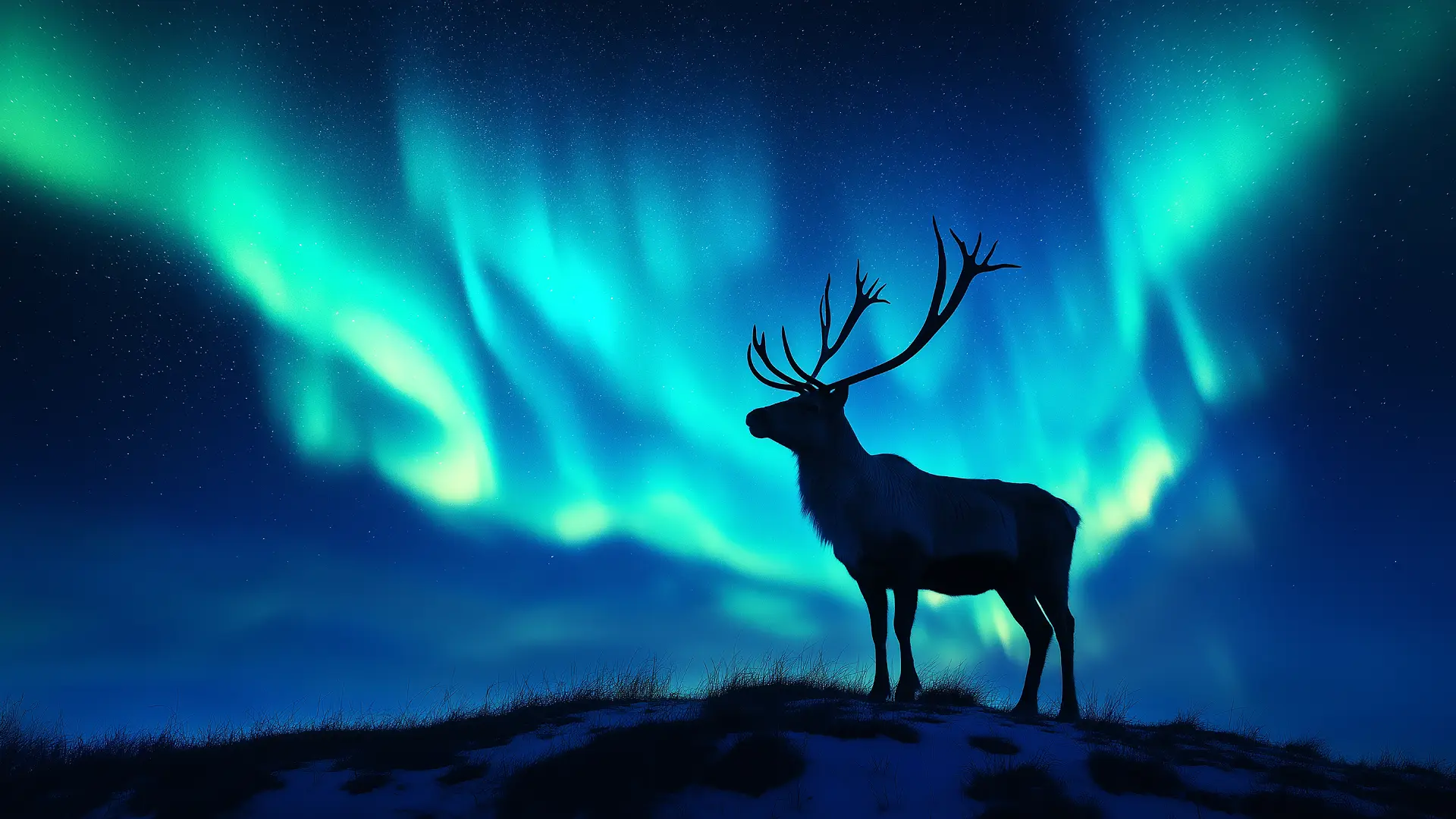Reindeer silhouetted beneath the northern lights in a Nordic night sky.