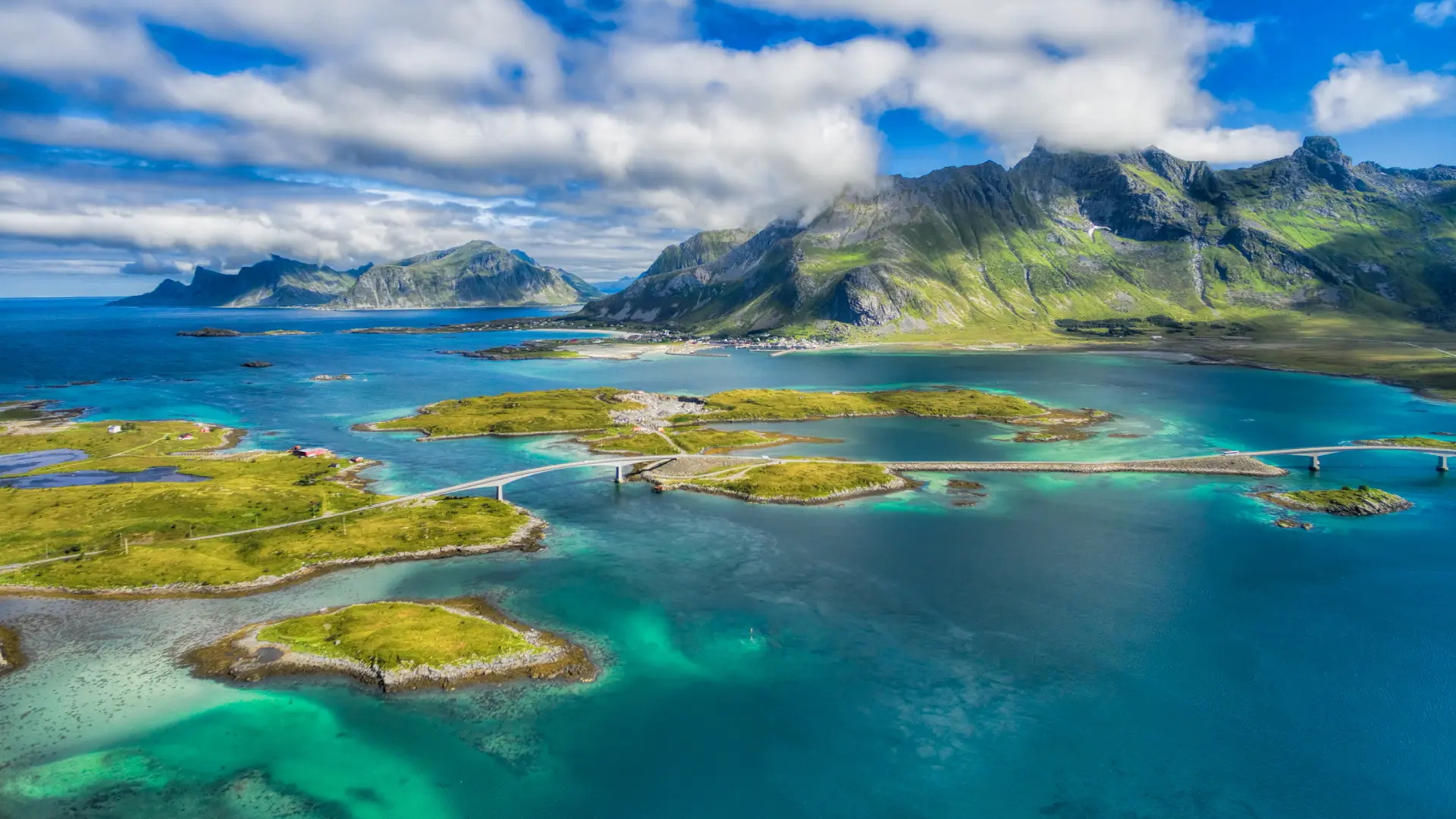 Bridges and coastal roads connecting islands in the Lofoten Islands, Norway.