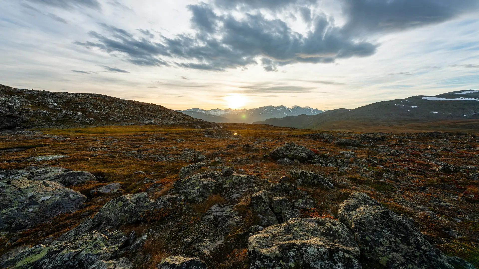 Rocky wilderness landscape in Sarek National Park, Sweden, with open tundra and distant mountains.